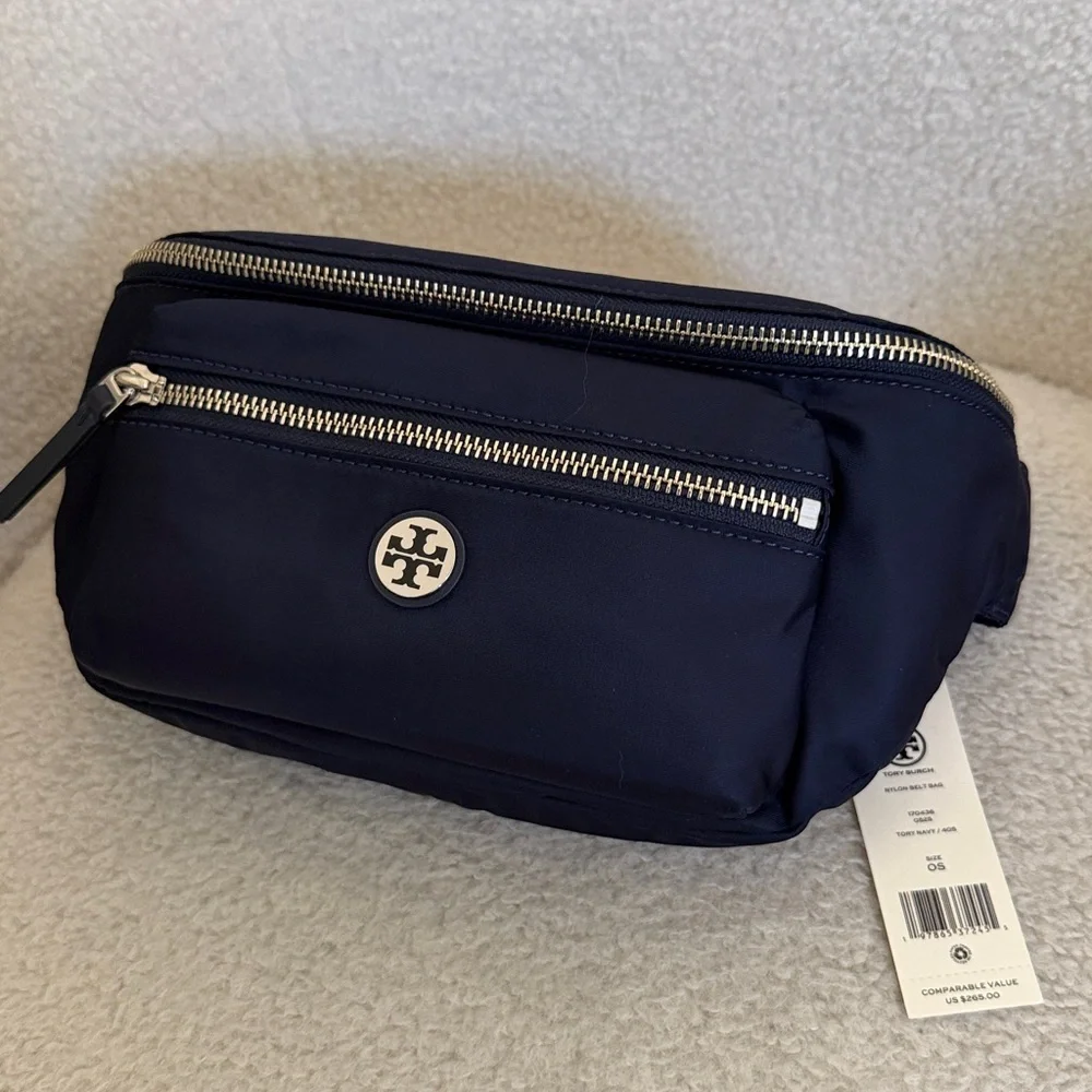 Tory Burch Black Nylon Belt Bag with Silver Hardware